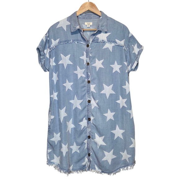 Easel Star Print Chambray Denim Midi Dress Frayed Hem Americana Western Size S - Picture 2 of 13